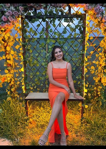 Turuncu Uzun Askılı Drapeli Kadın Elbise - Görsel 2