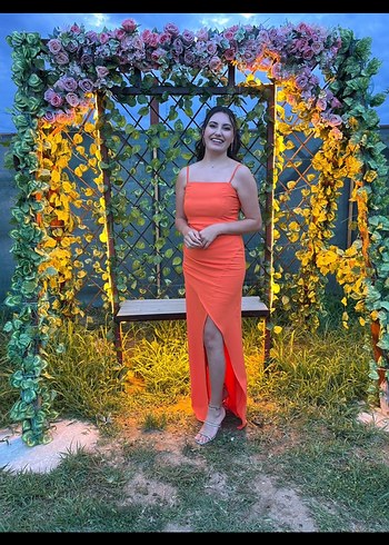 Turuncu Uzun Askılı Drapeli Kadın Elbise - Görsel 5