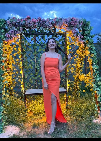 Turuncu Uzun Askılı Drapeli Kadın Elbise - Görsel 3