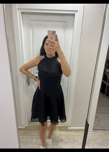 Siyah Transparan Yaka Kısa Gotik Elbise - Görsel 3