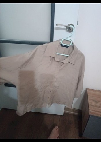 Bej Keten Düğmeli yarım Kollu Gömlek - Görsel 2