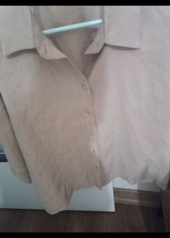 Bej Keten Düğmeli yarım Kollu Gömlek - Görsel 4