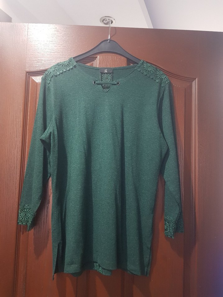 Sİ dantel detaylı triko yeşil bluz kazak - Görsel 2