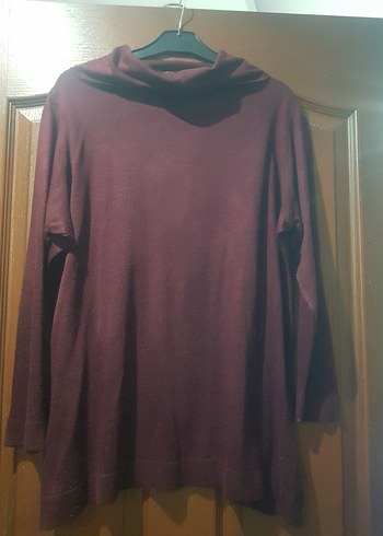 Bordo Oversize Boğazlı 3/4 kol Kadın Kazak - Görsel 2