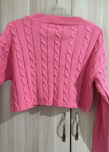 Pembe V Yaka Örgü Kadın Kazak - Görsel 4