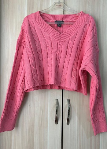 Pembe V Yaka Örgü Kadın Kazak - Görsel 2