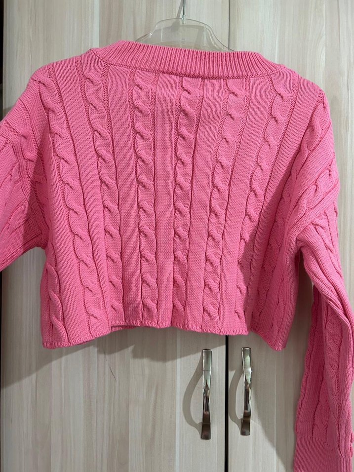 Pembe V Yaka Örgü Kadın Kazak - Görsel 4