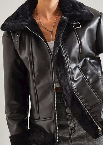 Kürk Detaylı Siyah Deri Biker Ceket - Görsel 2