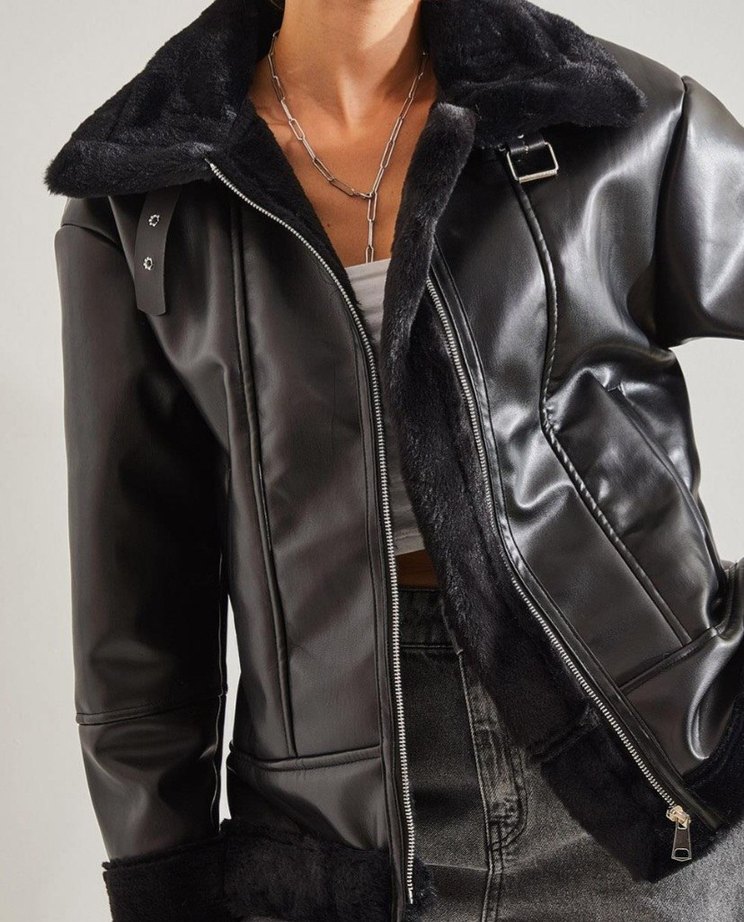 Kürk Detaylı Siyah Deri Biker Ceket - Görsel 2
