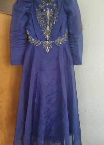 Diğer Uzun Kollu Mavi İşlemeli Uzun Abiye Elbise