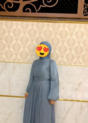 Uzun Drapeli Mavi Tesettür Abiye
