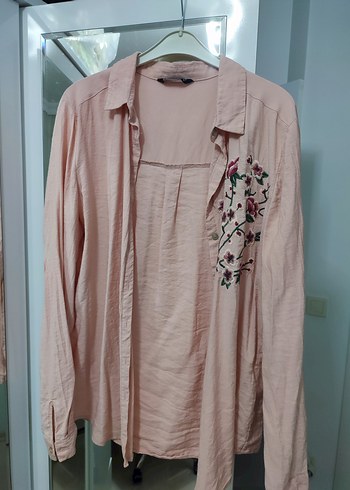Pembe Nakışlı Uzun Kollu Keten Gömlek