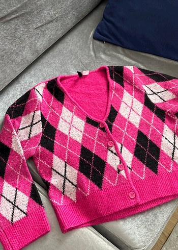 Pembe Baklava Desenli Örgü Kadın Hırka