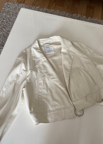 Beyaz Kadın Deri Ceket, Normal Boy, Minimalist - Görsel 2