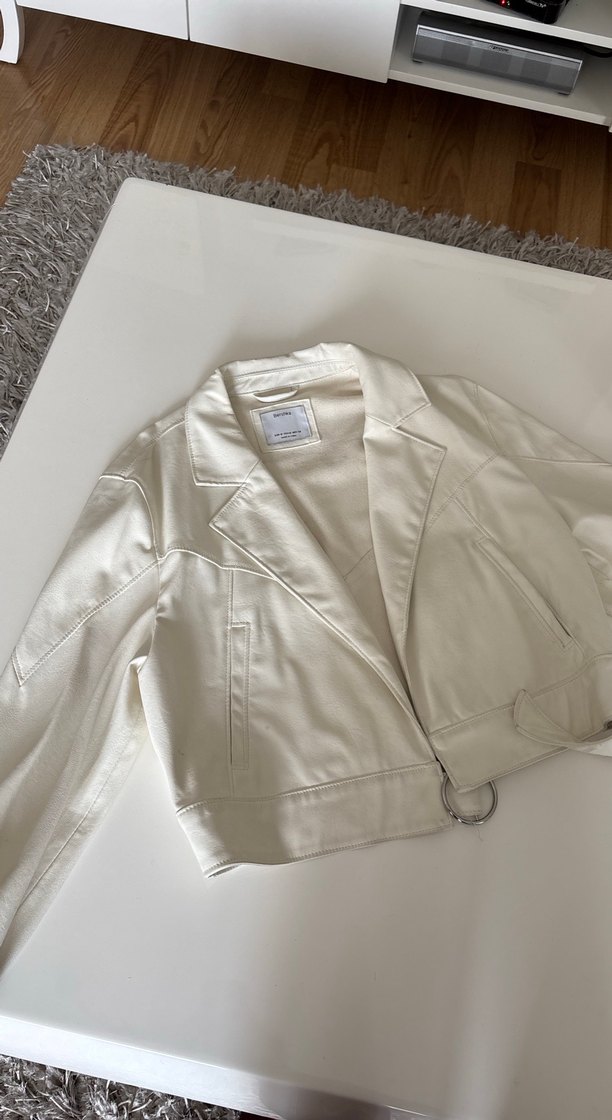 Beyaz Kadın Deri Ceket, Normal Boy, Minimalist - Görsel 2