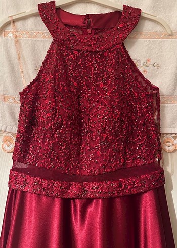 38 Beden Bordo Saten Uzun Abiye Elbise