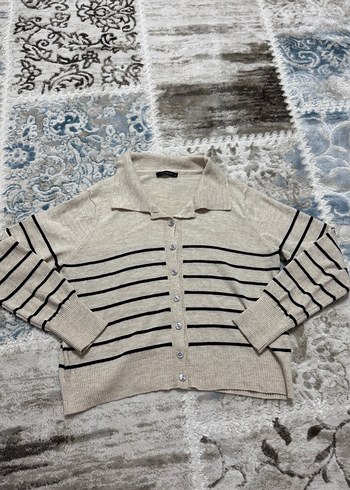 Bej Çizgili Örgü Kadın Hırka - Görsel 2