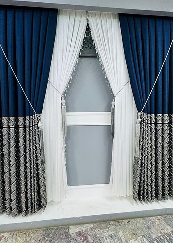 Lacivert ve Gri İşlemeli Modern Klasik Perde - Görsel 2