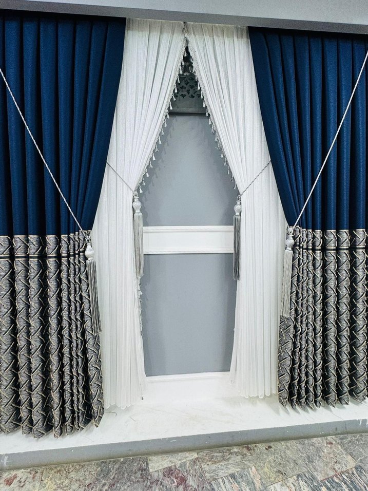 Lacivert ve Gri İşlemeli Modern Klasik Perde - Görsel 2