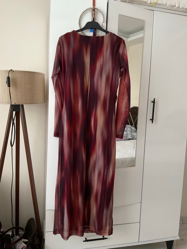 Bordo Bağlamalı Uzun Kollu Drapeli Elbise - Görsel 2