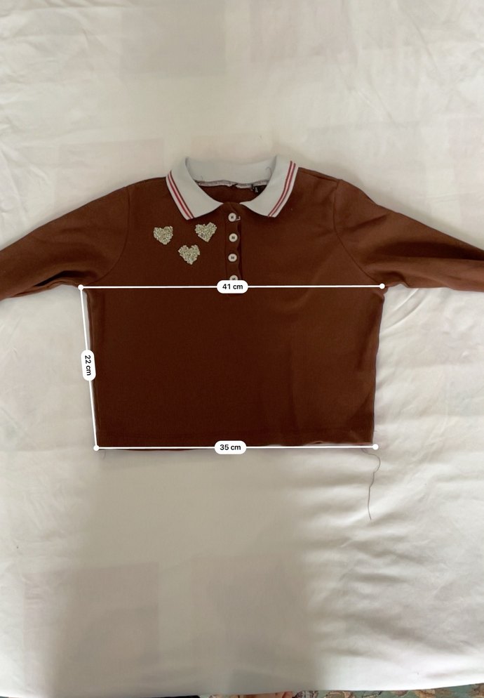 Kahverengi polo yaka Uzun Kollu Düğmeli Bluz- crop - Görsel 4