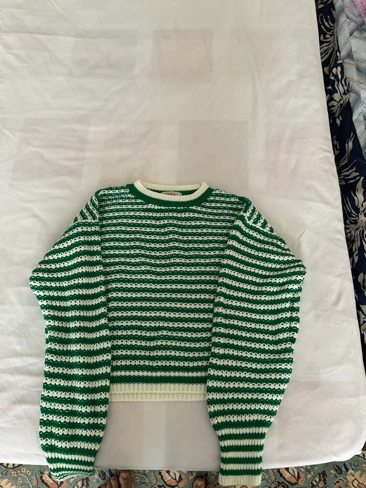 Yeşil Çizgili Örgü Kadın Kazak - Görsel 4