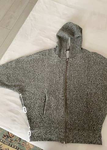 Gri Örgü Kapüşonlu Kadın Kısa Ceket - Görsel 5