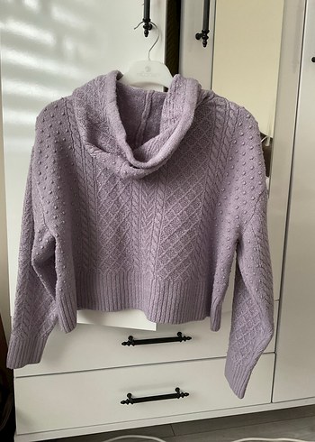 Mor Kapüşonlu Örgü Kadın Kazak - Görsel 2