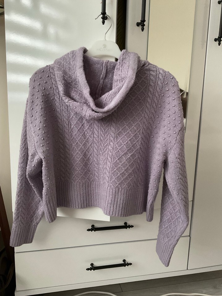Mor Kapüşonlu Örgü Kadın Kazak - Görsel 2