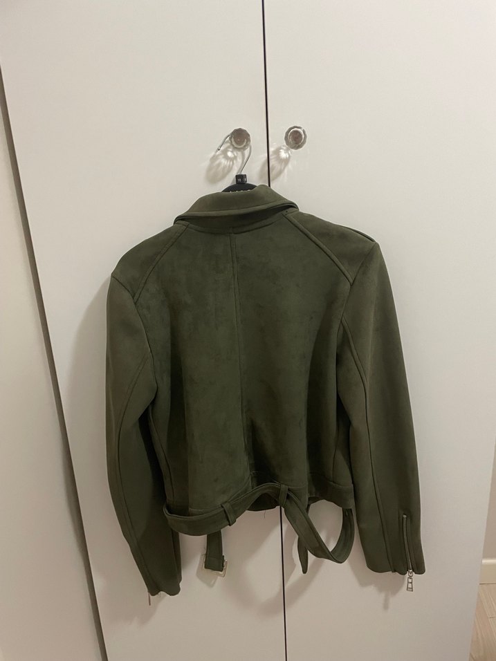 Haki Süet Kemerli Biker Ceket - Görsel 4