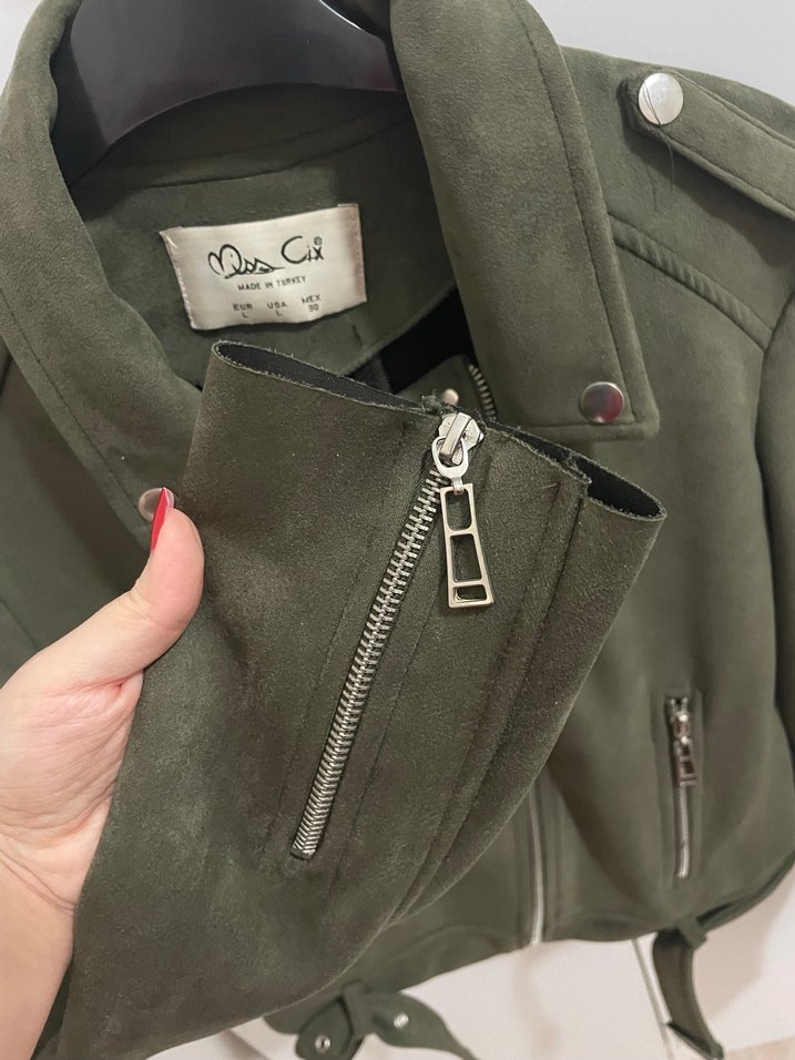 Haki Süet Kemerli Biker Ceket - Görsel 3
