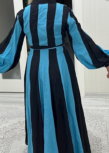 Mavi Çizgili Uzun Bohem Elbise - Görsel 2