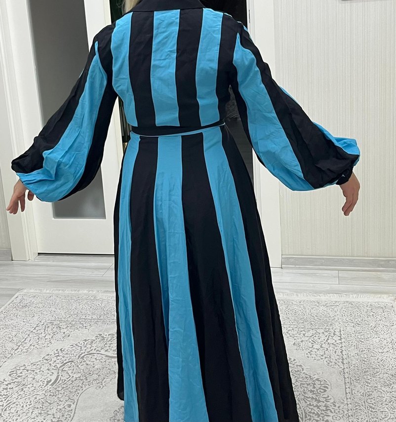 Mavi Çizgili Uzun Bohem Elbise - Görsel 2