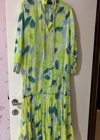 Yeşil Pilili Bağlama Desenli Uzun Elbise - Görsel 2