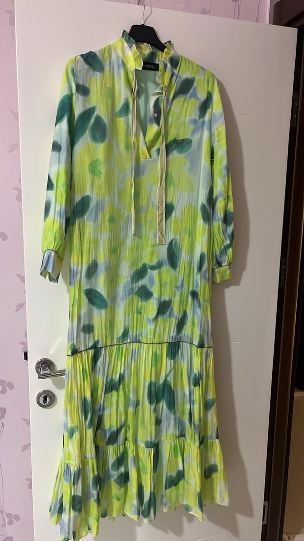 Yeşil Pilili Bağlama Desenli Uzun Elbise - Görsel 2