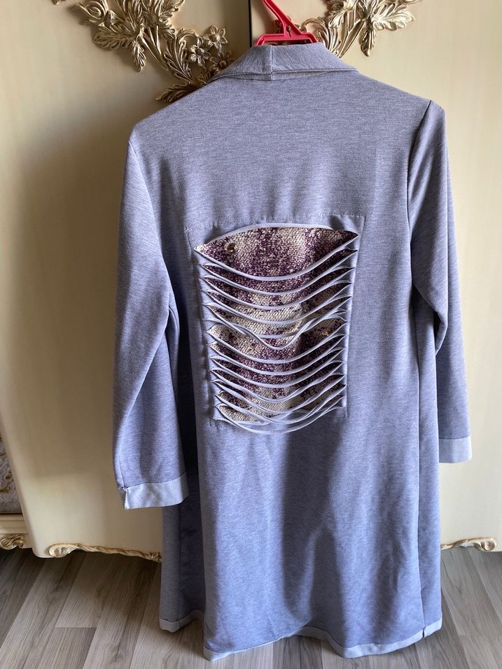 Gri Kadın Uzun Keten Ceket - Görsel 2