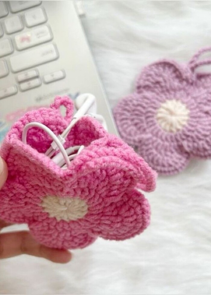 Örgü hem anahtarlik hem kulaklık çantası  - Görsel 2