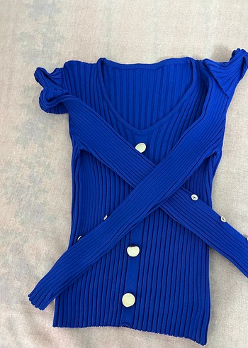 Mavi Düğmeli V Yaka Kadın Kazak - Görsel 2