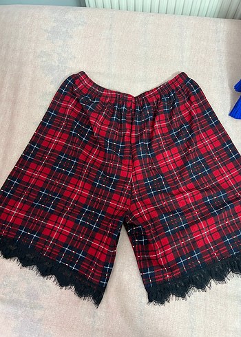 Dantel Detaylı Kırmızı Ekose Bayan Atlet takım - Görsel 2