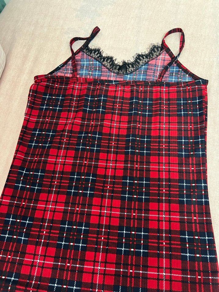 Dantel Detaylı Kırmızı Ekose Bayan Atlet takım - Görsel 4