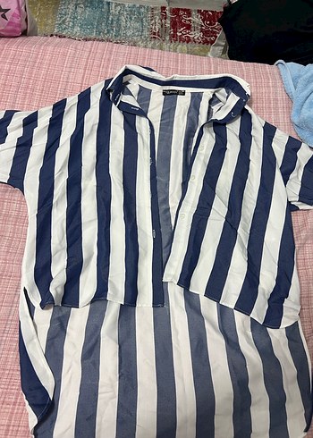 Düğmeli V Yaka Mavi Çizgili Kadın Gömlek - Görsel 2