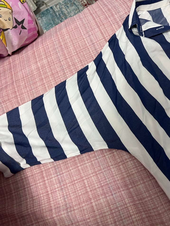 Düğmeli V Yaka Mavi Çizgili Kadın Gömlek - Görsel 5