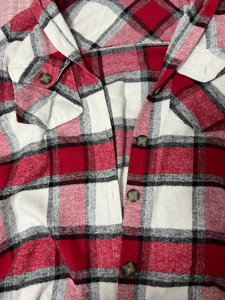 Düğmeli Kırmızı Gri Ekose Kadın Gömlek - Görsel 3