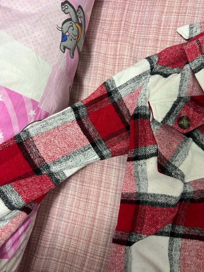 Düğmeli Kırmızı Gri Ekose Kadın Gömlek - Görsel 2