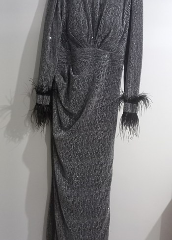 Uzun Kollu Gri Uzun Abiye Elbise - Görsel 2