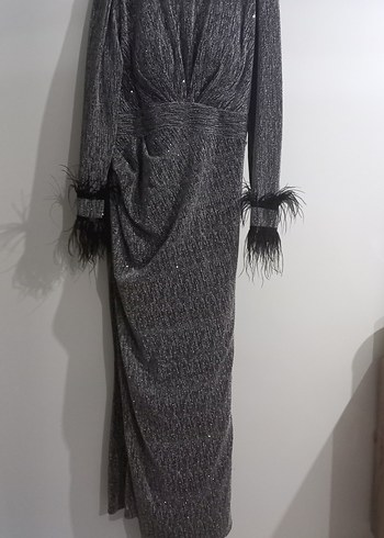 Uzun Kollu Gri Uzun Abiye Elbise - Görsel 3