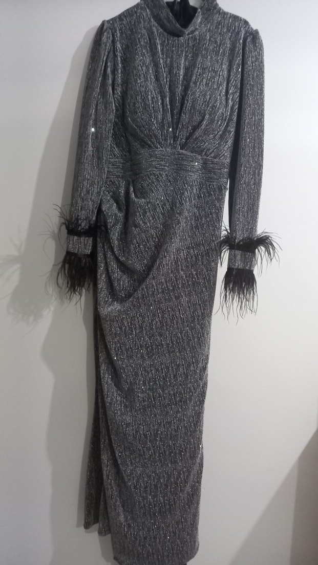 Uzun Kollu Gri Uzun Abiye Elbise - Görsel 2