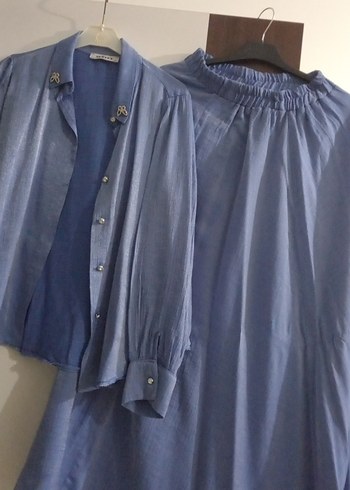 Uzun Mavi Keten Kadın elbise - Görsel 4