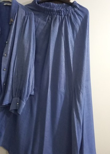 Uzun Mavi Keten Kadın elbise - Görsel 3