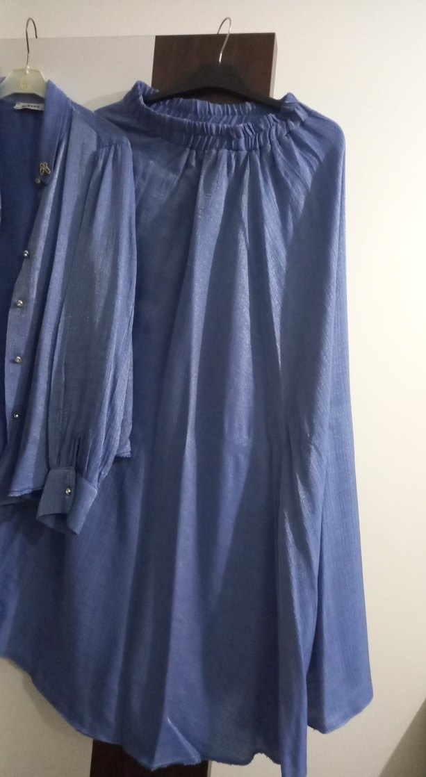 Uzun Mavi Keten Kadın elbise - Görsel 3